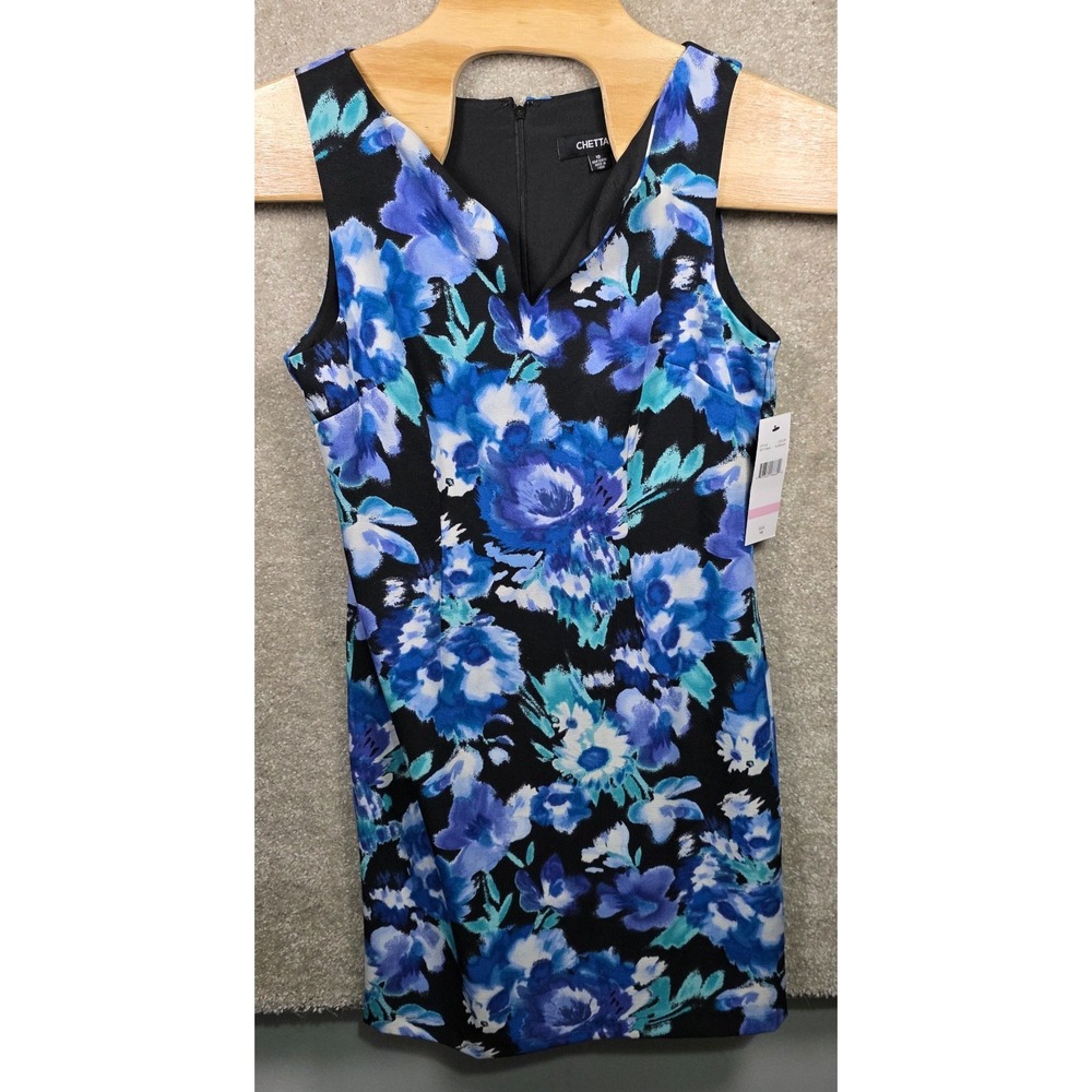 Chetta‎ B Sheath Dress Womens 10 Blue Black Floral Sleeveless V-Neck B2113640
